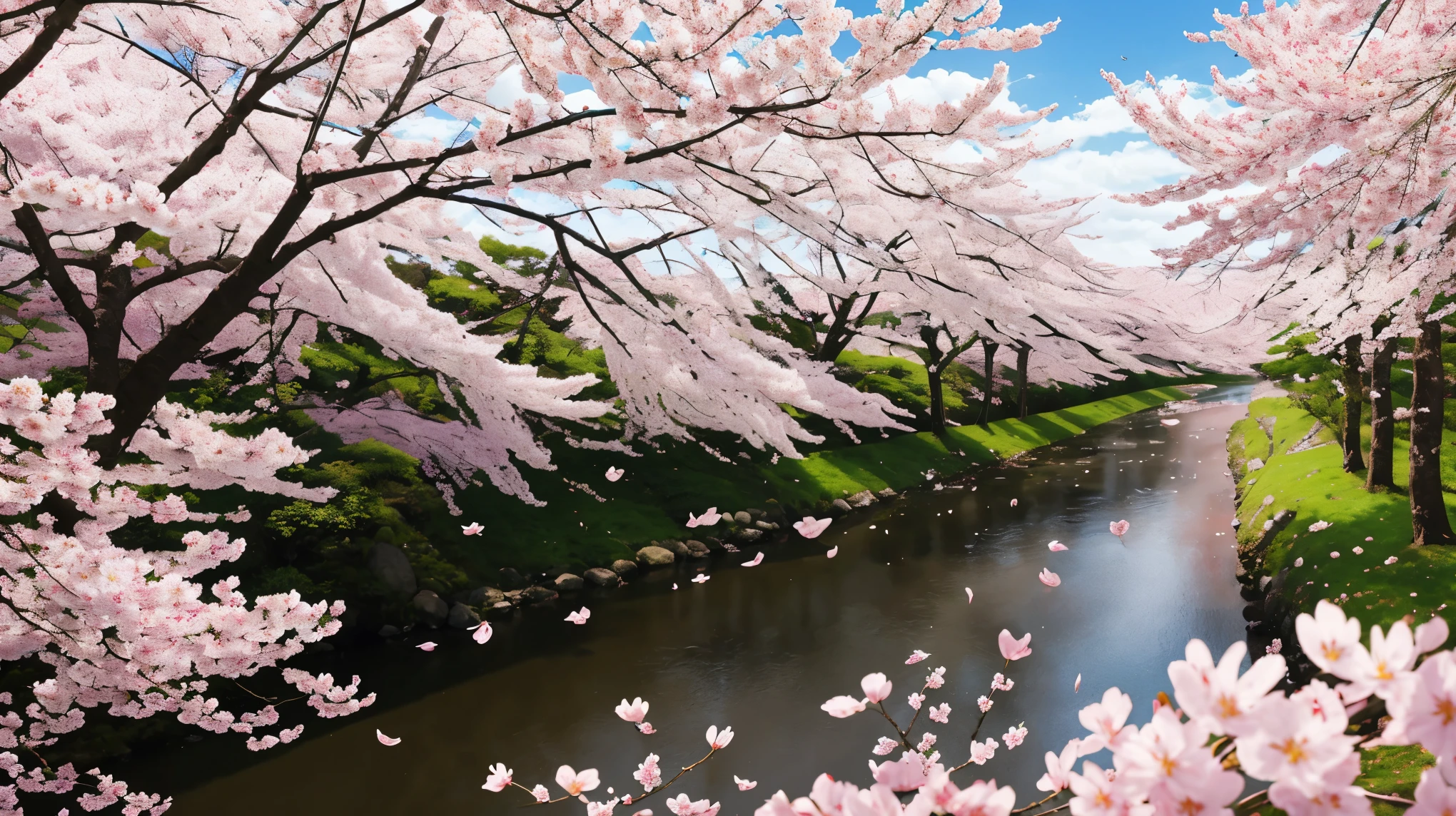 Lush landscapes stretch before your eyes, Rosenrot,A lush one,Sakura,Sakura flowers fly,with falling petals, Bilder im Anime-Stil