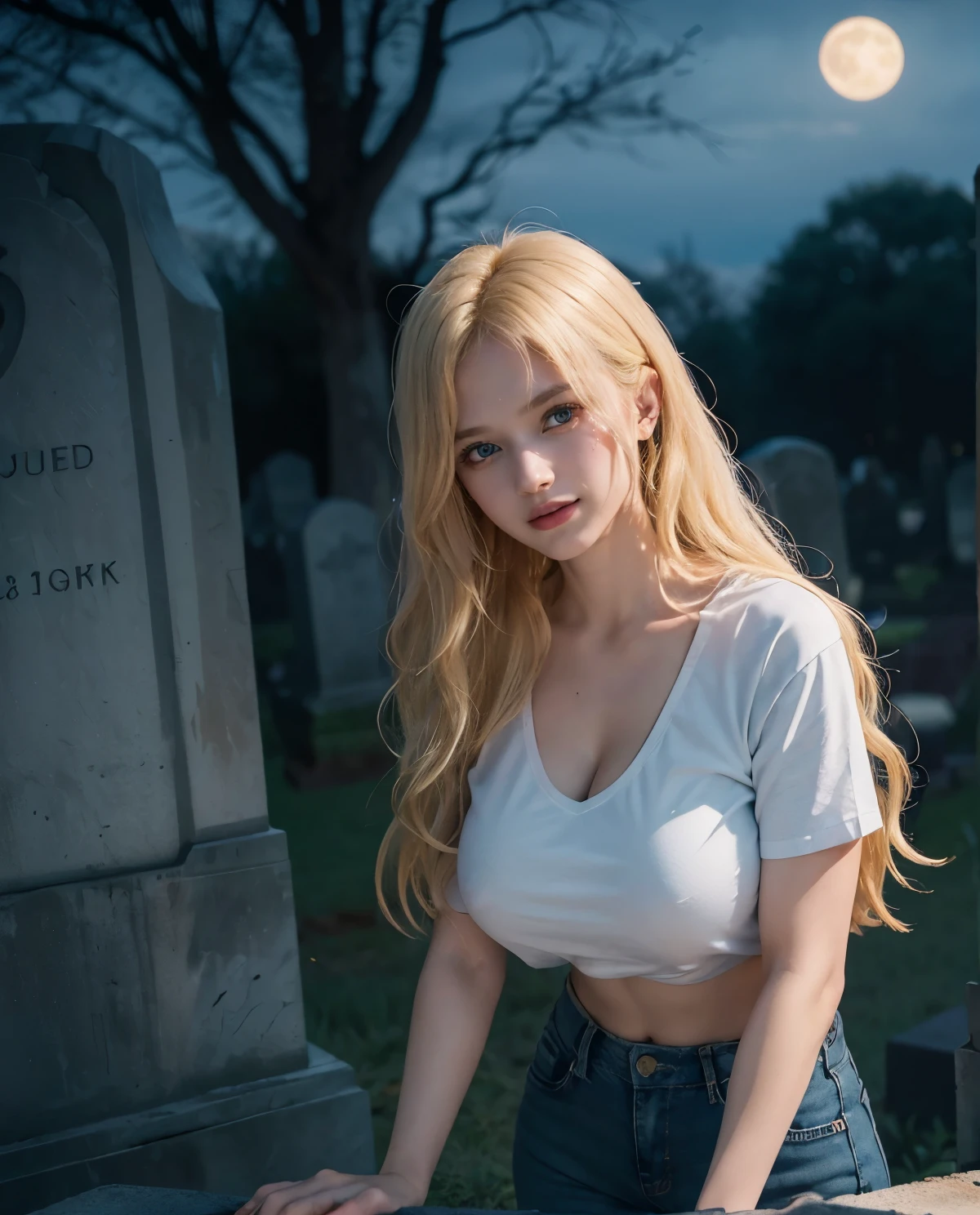 1girl, Blue eyes, (smile), (Sana Minatozaki), wide hips, Big , big ass, (Best Quality, 8k, Masterpiece: 1.3), perfect hands, Clear Focus: 1.2, Perfect Body Beauty: 1.4, Highly detailed face and skin texture, detailed eyes, double eyelids, (blonde long hair :1.2), white cleavage t-shirt, jeans, standing, dynamic pose, (in a scary cemetery at night :1.3), ((dark night :1.2)), darkness, ((abandoned tombstones :1.1)), dry trees, full moon in the background