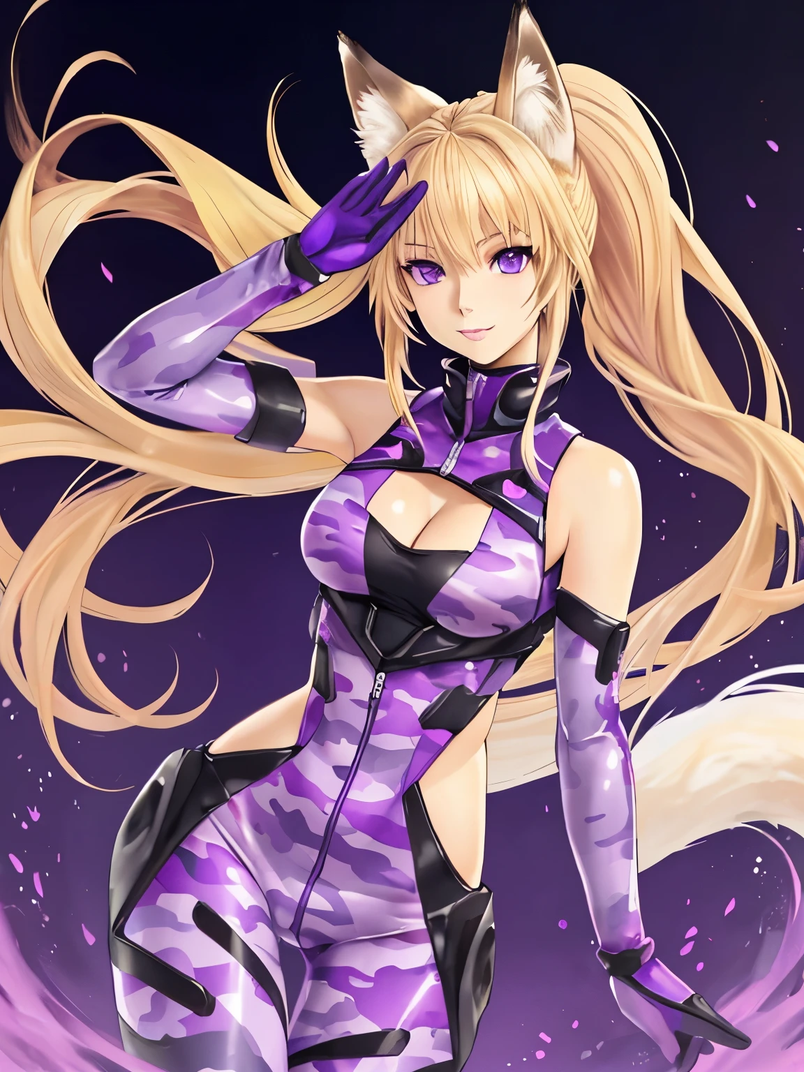 (hyperrealistic), a fox girl with a white fox tail, Sarah Fox, (blonde hair with ponytail), detailed purple eyes, happy, sleeveless purple camouflage Bodysuit, open cleavage, trained body, medium breasts, waving at viewer