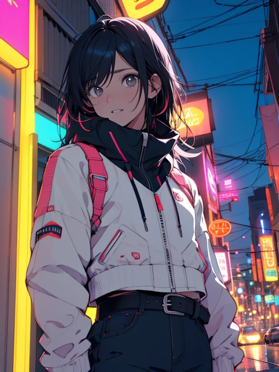 retrato, 1 chica, Hermoso rostro, asymmetrical hair, cabello multicolor, belt, mono, boca cubierta, ombligo cubierto, mangas separadas, ojos grises, hip ventilation, chaqueta abierta, lindo, mirar al espectador, ciudad de noche, neon, lluvioso,