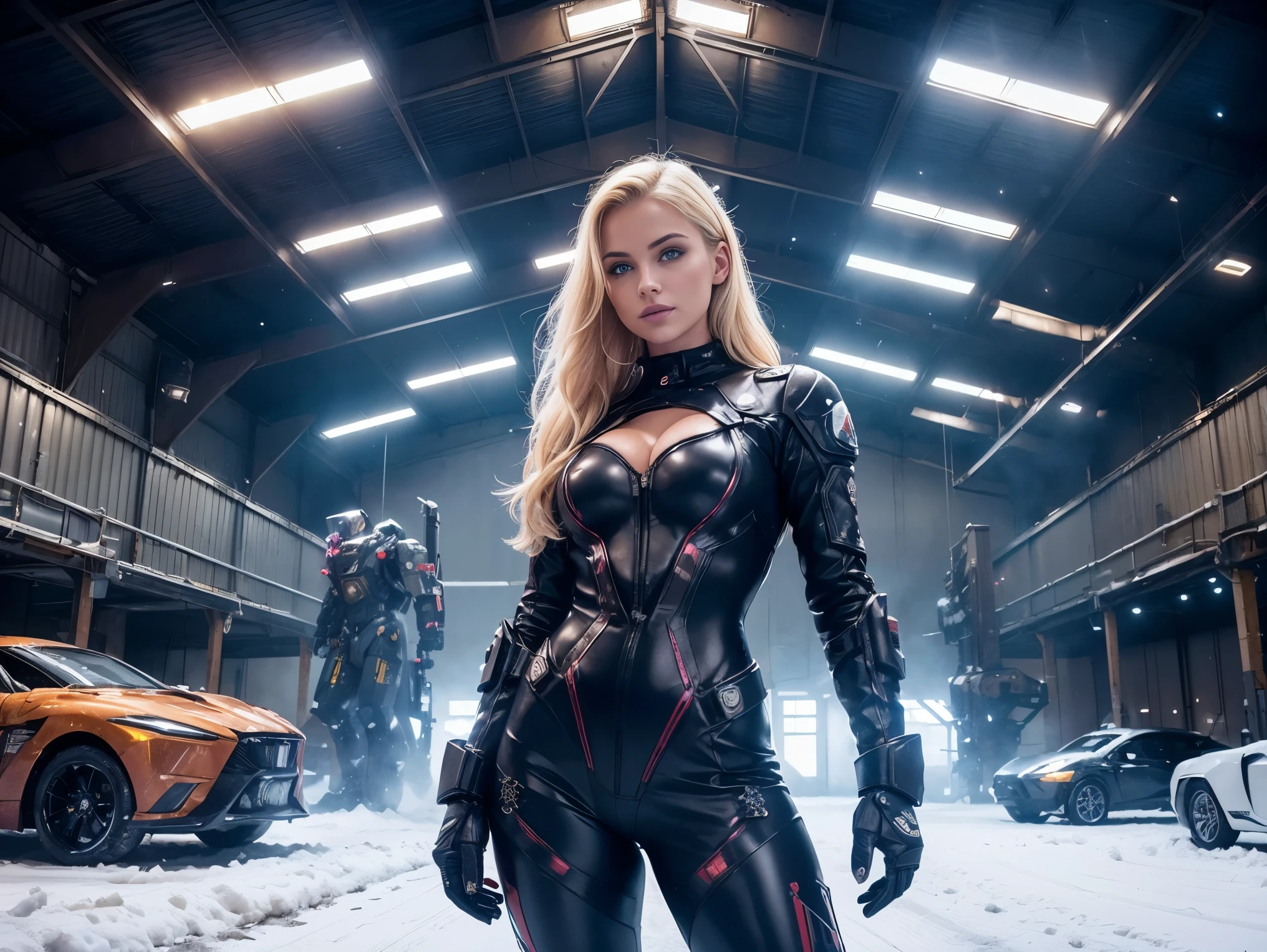 in a snowy hangar filled with ((giant robots)),(an ultra hot gorgeous European woman, age 23, blonde hair, she’s a playmate, men magazine model). She’s welding metal parts, lots of light, sparkles, smoke. Cyberpunk Jumpsuit with LEDs. Outside the hangar, Winter starry night, northern lights. Masterpiece. UHD