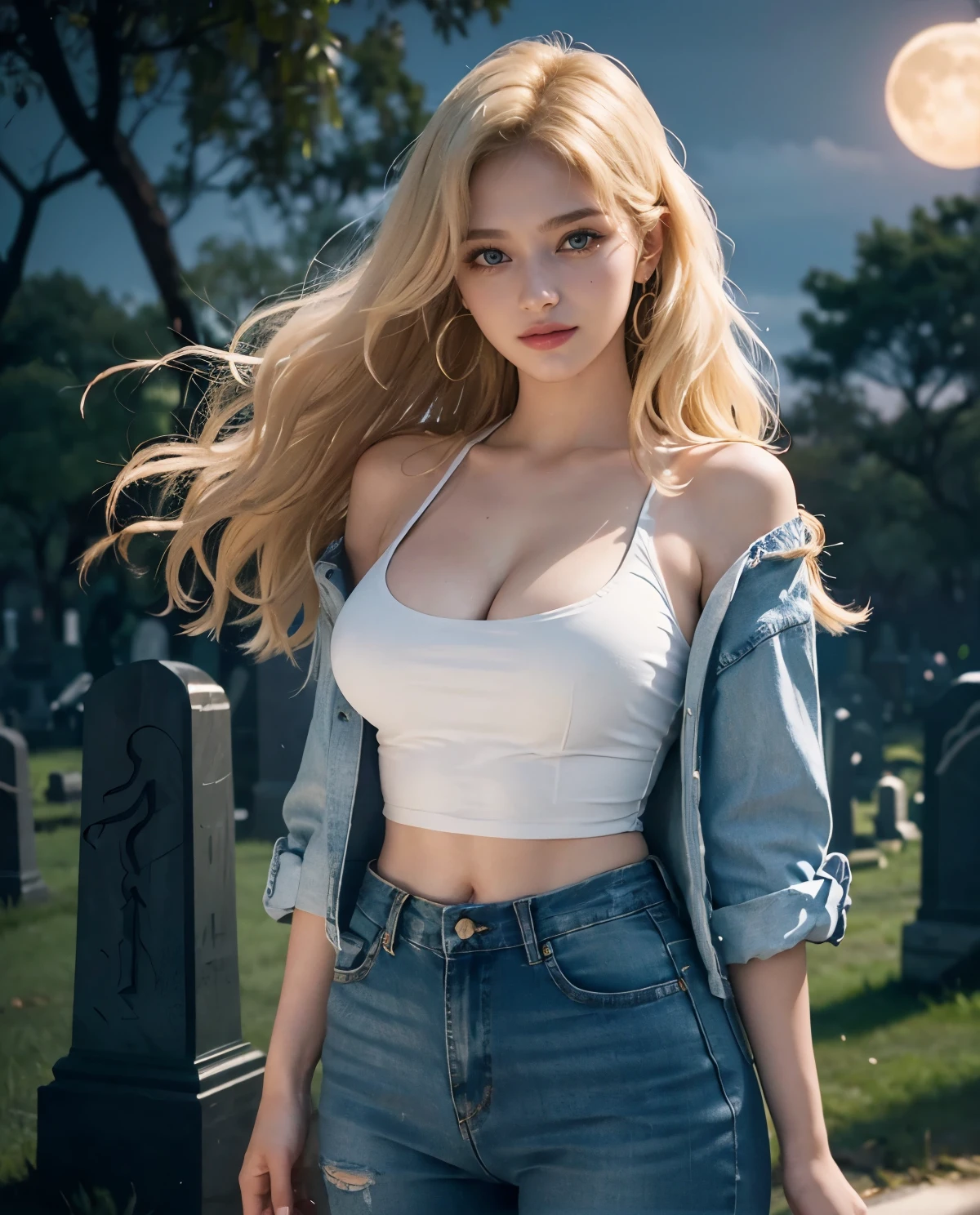 1girl, Blue eyes, (smile), (Sana Minatozaki), wide hips, Big , big ass, (Best Quality, 8k, Masterpiece: 1.3), perfect hands, Clear Focus: 1.2, Perfect Body Beauty: 1.4, Highly detailed face and skin texture, detailed eyes, double eyelids, (blonde long hair :1.2), white cleavage t-shirt, jeans, standing, dynamic pose, (in a scary cemetery at night :1.3), ((dark night :1.2)), darkness, ((abandoned tombstones :1.1)), dry trees, full moon in the background