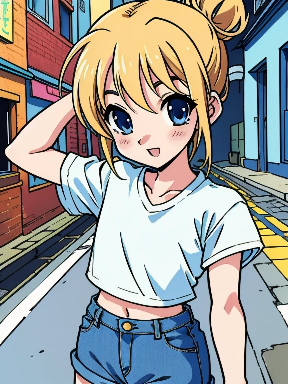(best quality:1.1), (masterpiece:1.4), 2000s anime cels style, Cartoon style of the 2000s, (flat color:1.2), vivid colors, retro anime, 2000s anime, 2000s anime, early 2000's inspired anime, early 2000's esthetics, short blonde hair, blue eyes, big crop top, small tight Jean shorts, pale skin, hair done up in a messy bun, detailed eyes, cheerful face, outside, middle of the street