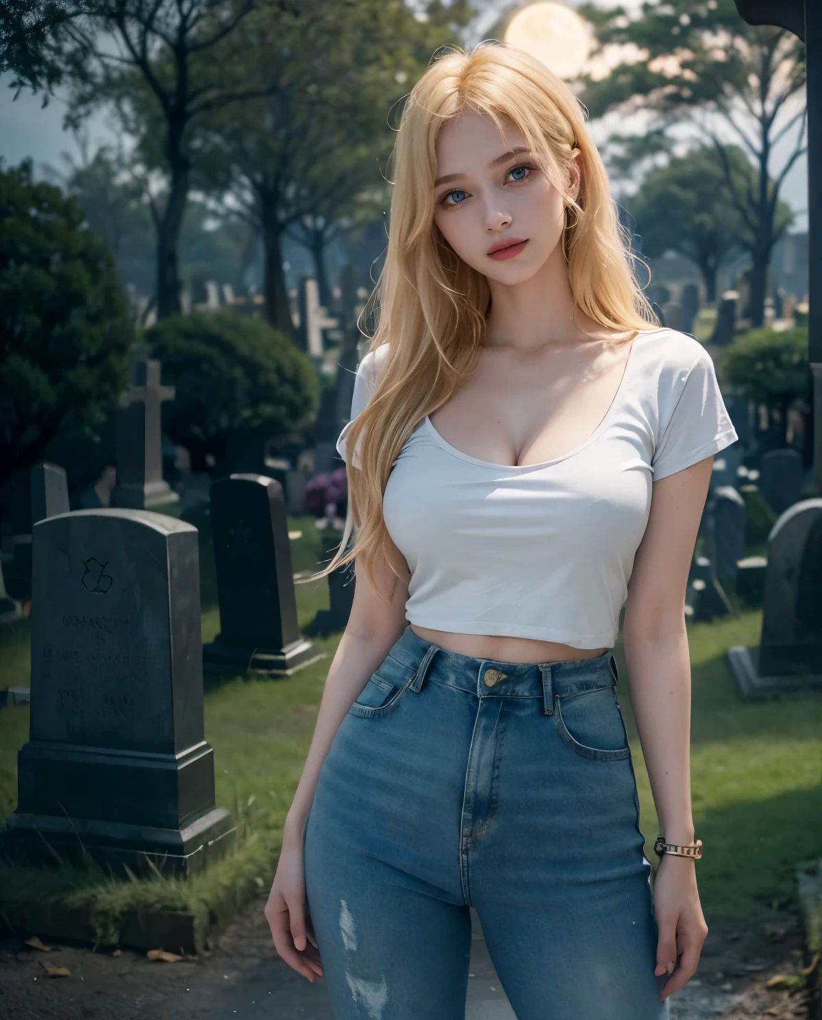 1girl, Blue eyes, (smile), (Sana Minatozaki), wide hips, Big , big ass, (Best Quality, 8k, Masterpiece: 1.3), perfect hands, Clear Focus: 1.2, Perfect Body Beauty: 1.4, Highly detailed face and skin texture, detailed eyes, double eyelids, (blonde long hair :1.2), white cleavage t-shirt, jeans, standing, dynamic pose, (in a scary cemetery at night :1.3), ((dark night :1.2)), darkness, ((abandoned tombstones :1.1)), dry trees, full moon in the background

