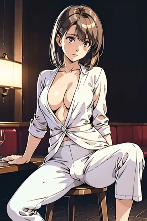 masterpiece, highest quality, realistic, Super detailed, small details, High resolution, 8k wallpaper), beautiful mature woman, Wear casual business wear, In a great restaurant, At night, light brown messy hair, perfect dynamic composition, beautiful and detailed eyes, (Trance_Performance), big breasts,emphasize cleavage,(((white background)))、Are standing、((open your legs、touching his crotch))、