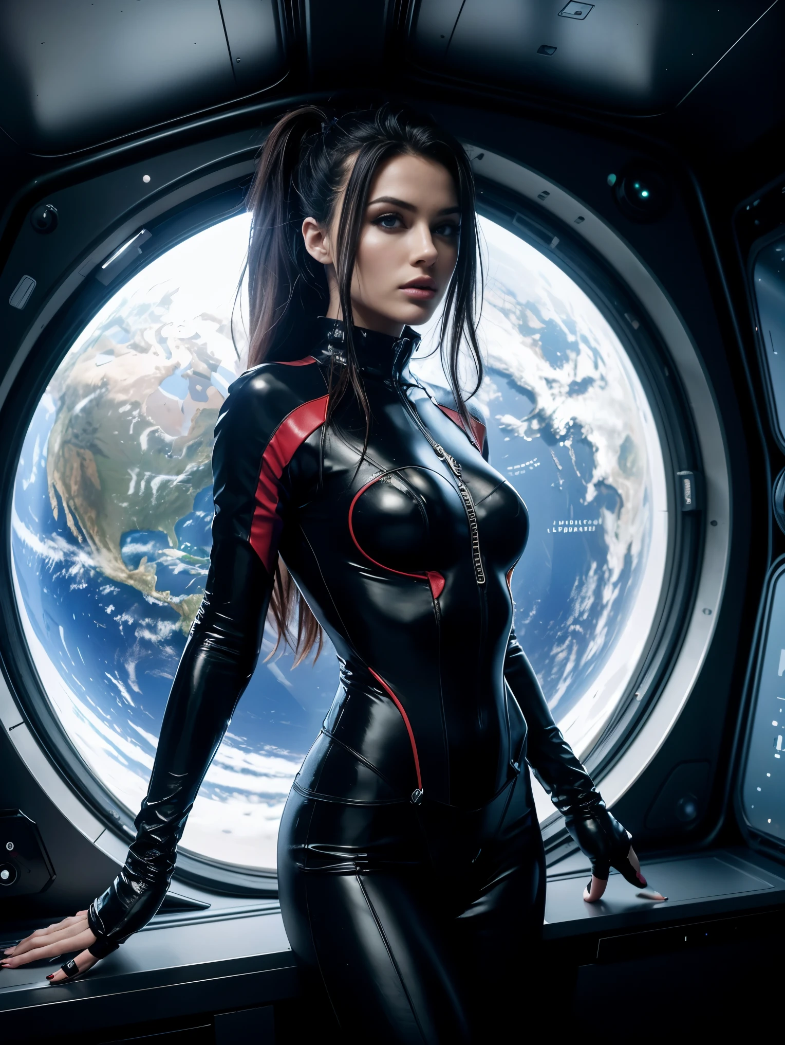 Masterpiece, UHD. Inside a spaceship. From side Next to a large window showing planet earth, an ultra hot gorgeous European woman, age 23, she’s a playmate, men magazine model. She wear a tight cyberpunk astronaut suit covering all her body. No helmet. She looks at earth.