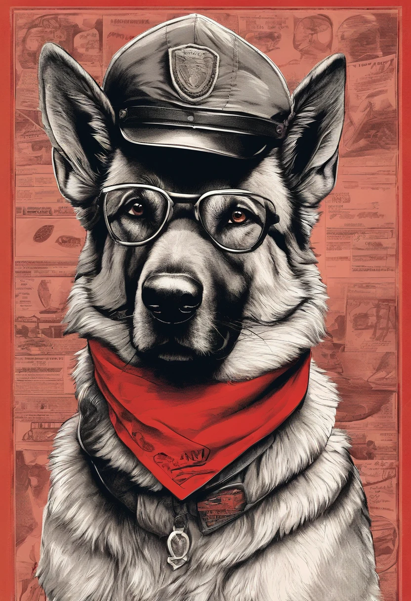 German Shepherd dog, Using Rocker Accessories, he wears a red bandana around his neck, Fashion glasses, famous brand cap, (((cartazes, planfetos, Adesivos, propaganda, revista.))) monochrome, linear, pencil sketch, sem cor, scribble made with pencil.