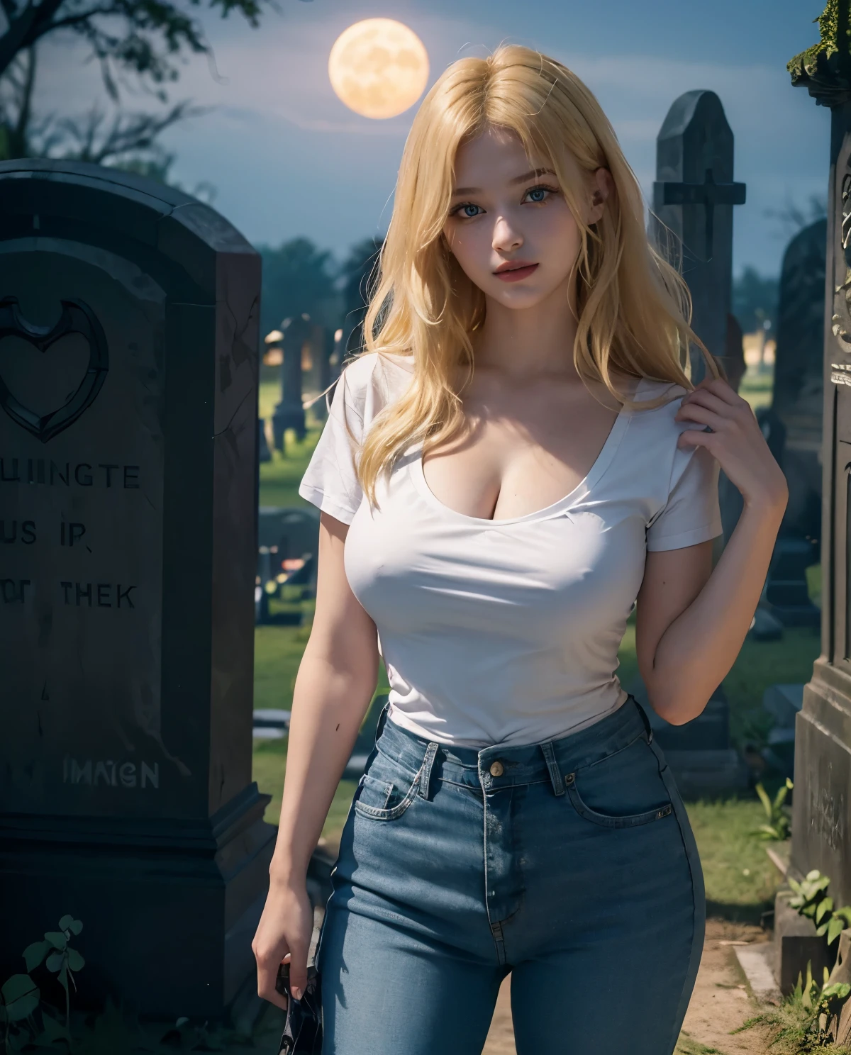 1girl, Blue eyes, (smile), (Sana Minatozaki), wide , Big , big , (Best Quality, 8k, Masterpiece: 1.3), perfect hands, Clear Focus: 1.2, Perfect Body Beauty: 1.4, Highly detailed face and skin texture, detailed eyes, double eyelids, (blonde long hair :1.2), white cleavage t-shirt, jeans, standing, dynamic pose, (in a scary cemetery at night :1.4), ((dark night :1.3)), (darkness), ((abandoned tombstones :1.1)), dry trees, full moon in the background
