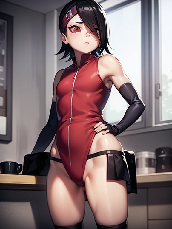 1 chica,Desde abajo, de pie, Sarada Uchiha, anteojos,Thighighs negros,calentadores de brazos, Potenciador de frente, bermudas, cabello corto, little mom, ojos negros, small hips, small ass, captura de pantalla de anime