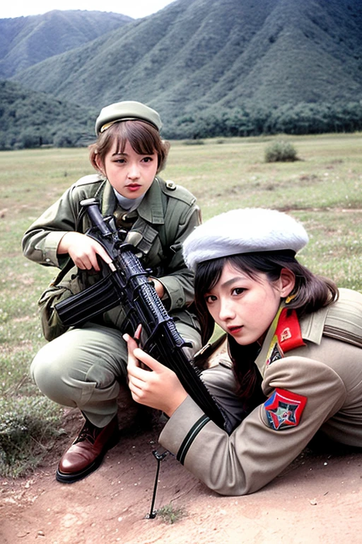 girls in WWII military uniform, using rifles, on the battlefield