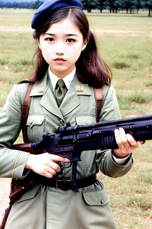 girls in WWII military uniform, using rifles, on the battlefield
