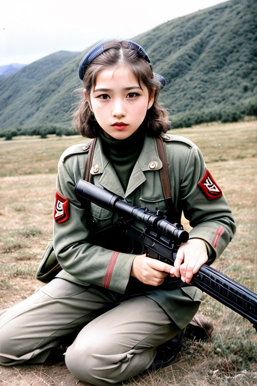 girls in WWII military uniform, using rifles, on the battlefield