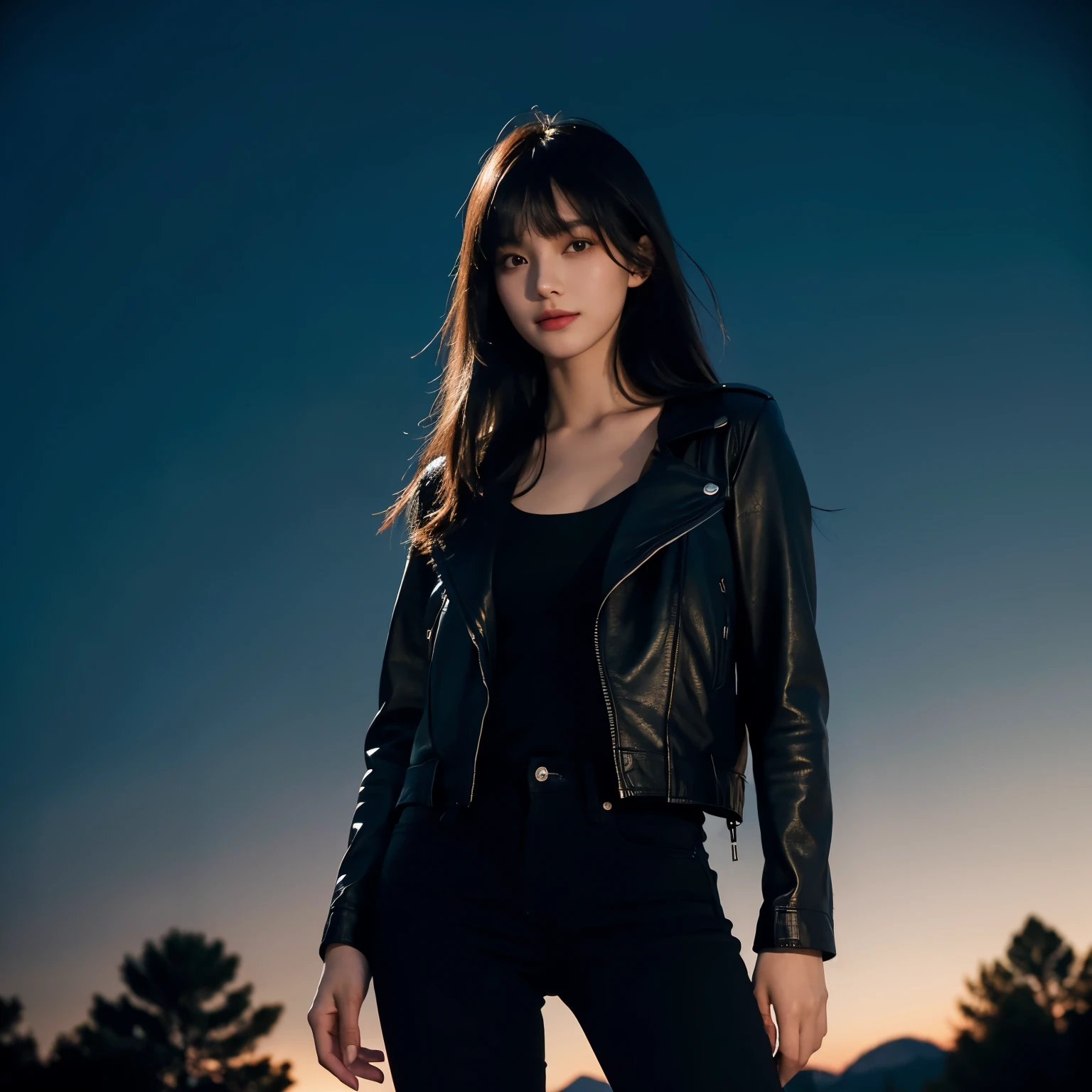 Girl 20 years old, slim, average breast size, long black hair, hair is loose, Bangs on the head,brown eyes, looking straight ahead, wearing a black leather jacket, black cloth jeans, dark forest, night forest,night sky,looks into the frame, shot from below at a 40-degree angle, little smile 