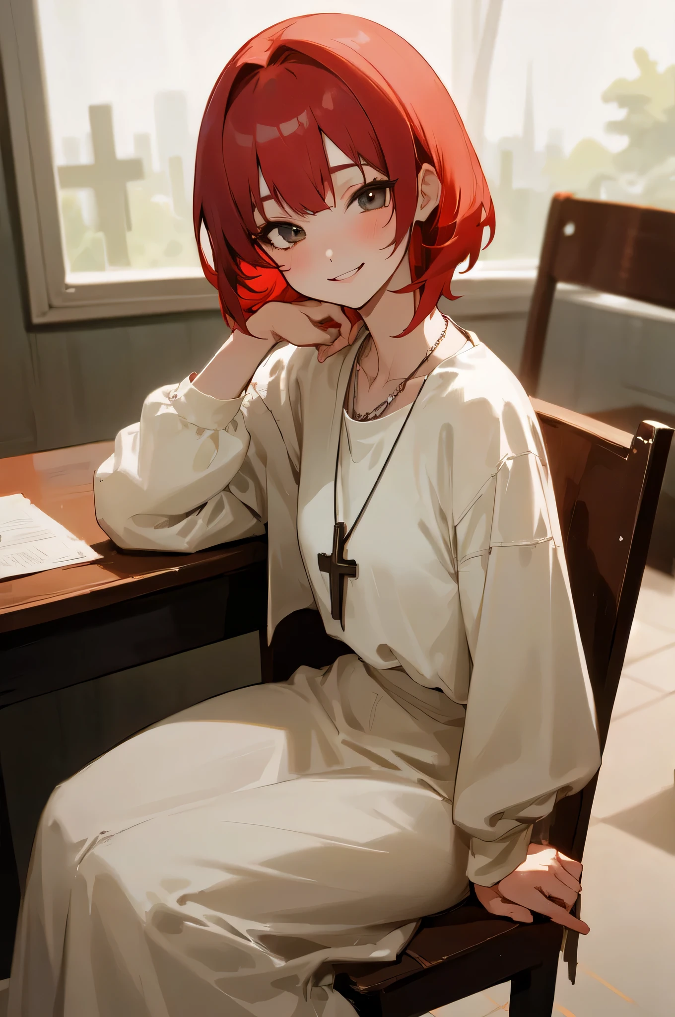 Chica pelirroja bajita con una sonrisa., vestido modestamente. She is wearing a necklace with a Catholic cross and is sitting at a desk., retratando a un maestro. high resolution, ultra-sharp, 8k, obra maestra, mirando al espectador