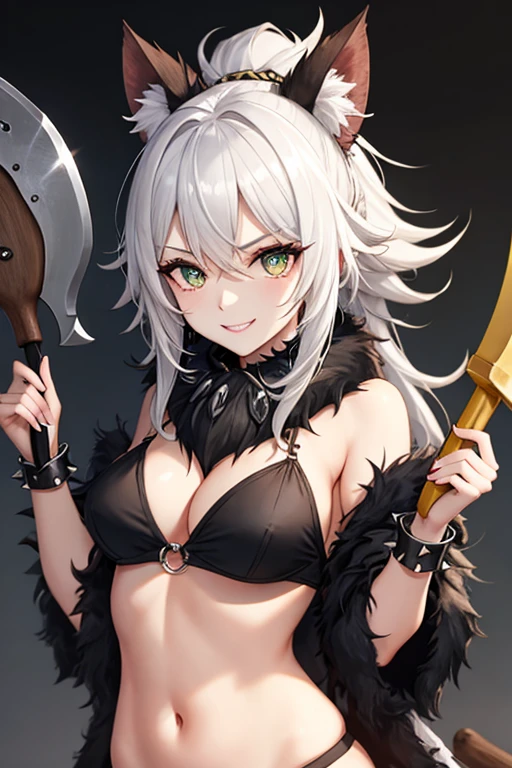 Gnoll woman, woman, green eyes, black fur, spike collar, Gnoll woman, big , big tighs, smile, 4k, hd, pretty face, messy hair, menacing, acurrate eyes, sharp pupils, wild, scary look, holding an axe, Axe, with hair with Rastafarian braid, (human head), (Mohican), (tribal clothing), exposed belly, (White hair)