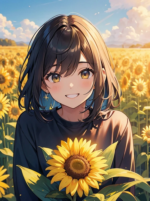 1chica con el pelo muy largo, pelo sobre los ojos, pelo negro, ojos azules, Ojos cerrados, laugh, Sonrisa, los brazos abiertos, molino de viento, paisaje del campamento de girasoles, Colores claros, luz del sol moteada, warm,
