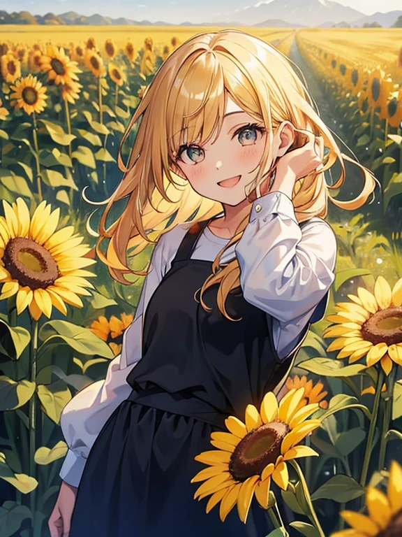 1chica con el pelo muy largo, pelo sobre los ojos, pelo negro, ojos azules, Ojos cerrados, laugh, Sonrisa, los brazos abiertos, molino de viento, paisaje del campamento de girasoles, Colores claros, luz del sol moteada, warm,