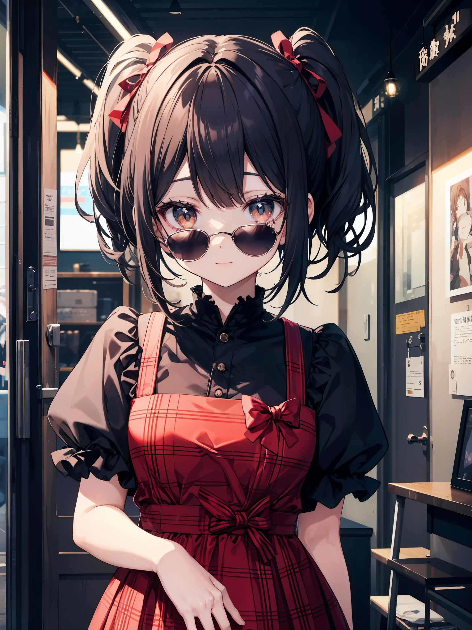 plaid dress, bow, changeta fashion, changeta style, anime girl cosplay, change, cute, 天使のようなcute, , portrait of changeta girl, red checker, and 8K, 2000, emo style, non-mainstream, red checker, Mine series girl, harajuku style, exaggerated dressing, intricate decoration, rock style, gothic style、masterpiece、absolute resolution、Super high quality、