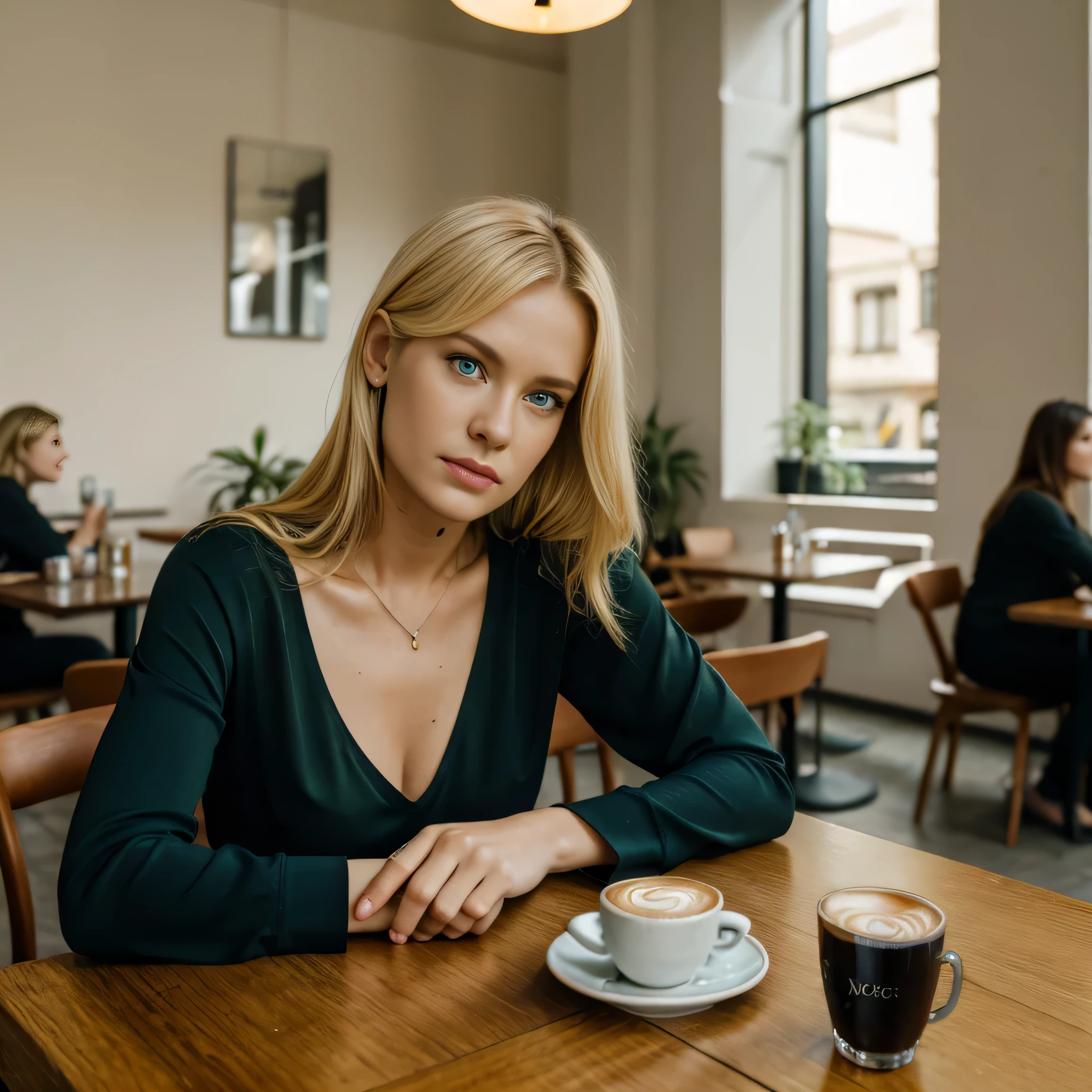 Realistisches hellblondes, beautiful black V-neck t-shirt for sexy women, Blue-green eyes, Fotoporträt, Sitting at a table in a café and drinking a latte macchiato