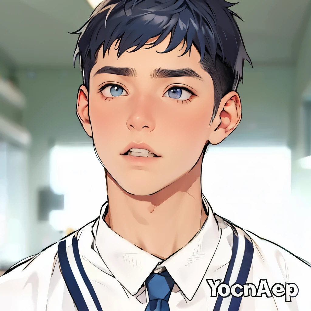16 year old boy in blue clothes is talking a little upset silver hair gray eyes
