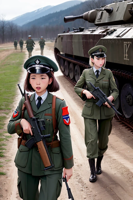 girls in WWII military uniform, using rifles, on the battlefield