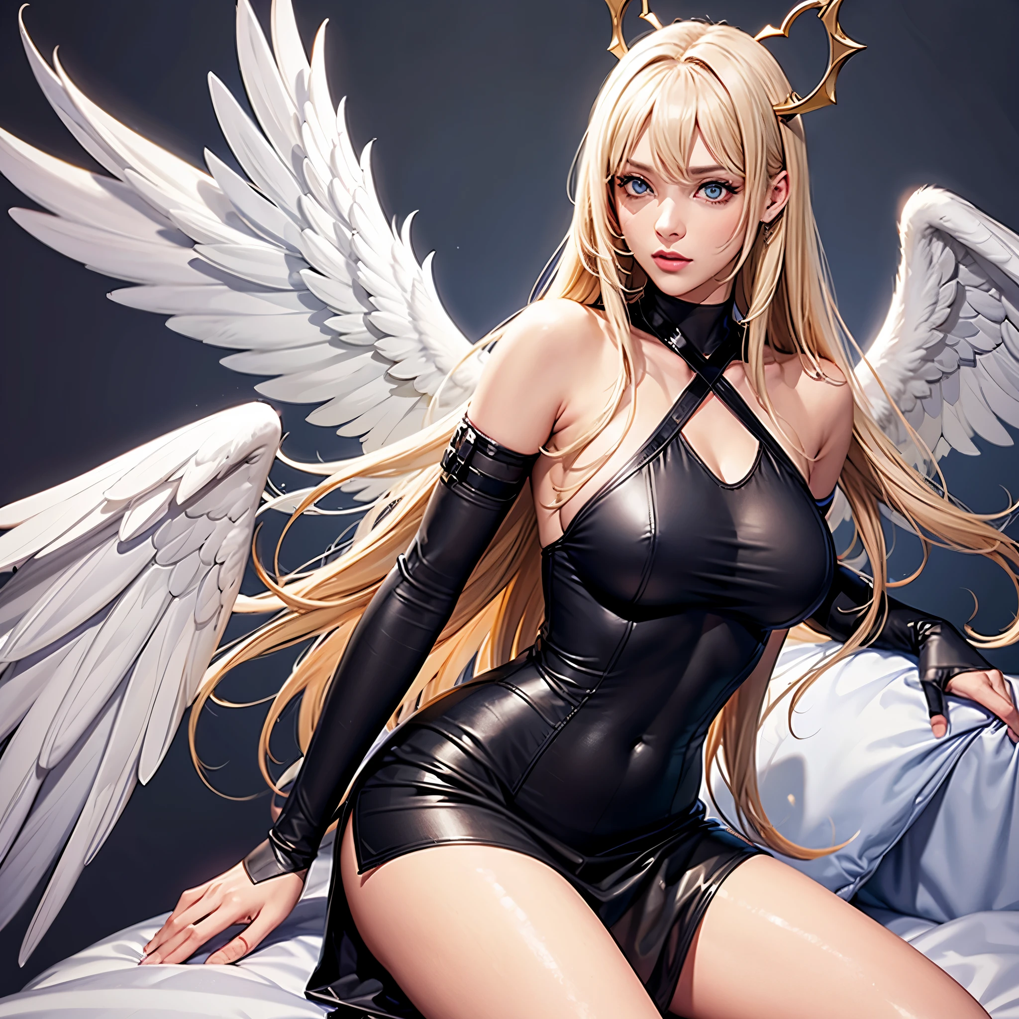 Long yellow hair blue eyes perfect face wearing angel wings black mature responsible serious