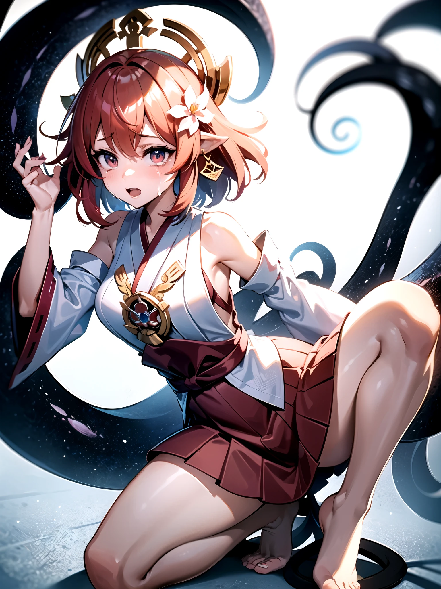 Miko girl, Flower hair ornaments, tentacles pit, tentacles, crying with open mouse, open clothes