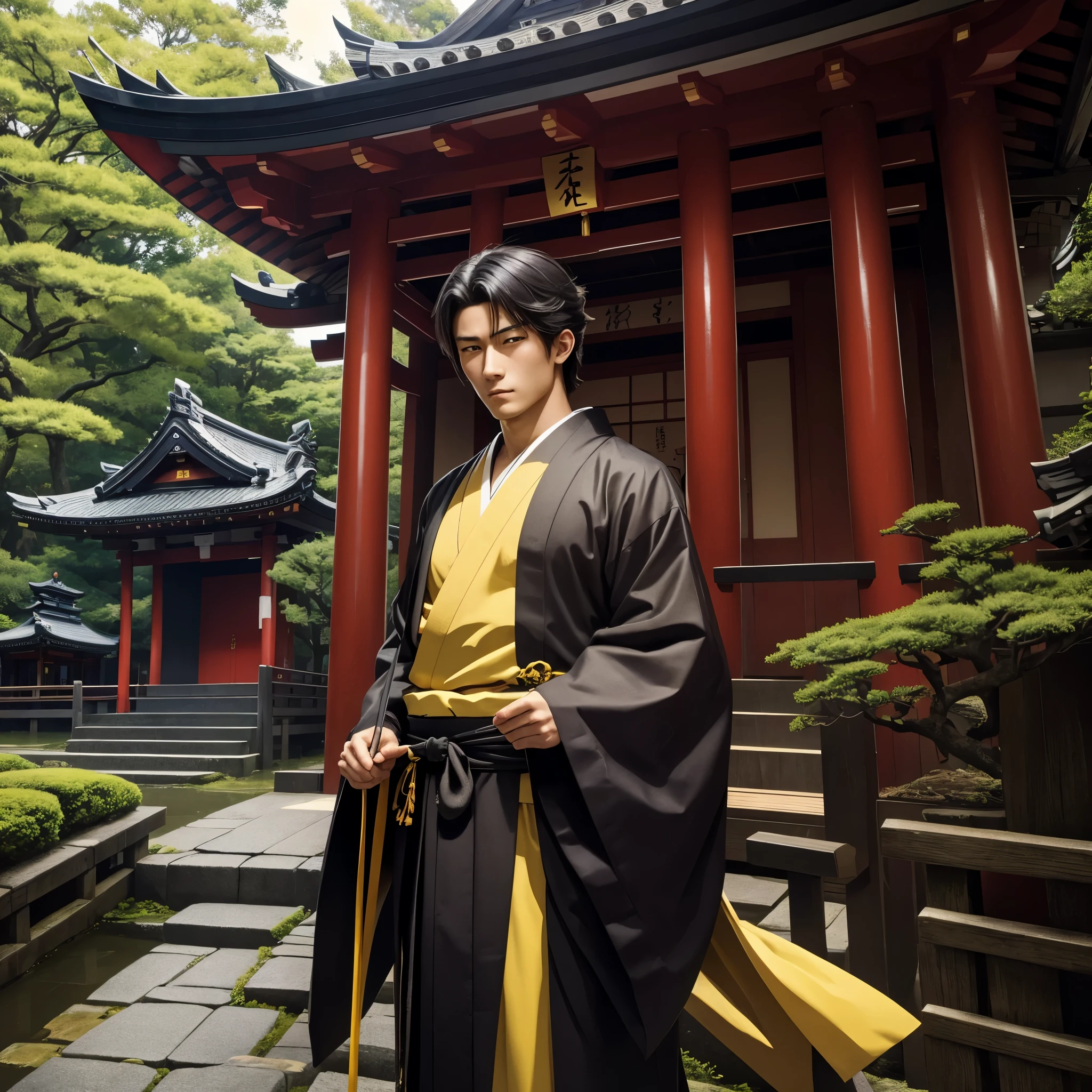 masterpiece, best quality, highres, muramasa, traditional Japanese shrine,  solo, handsome, yellow eyes,