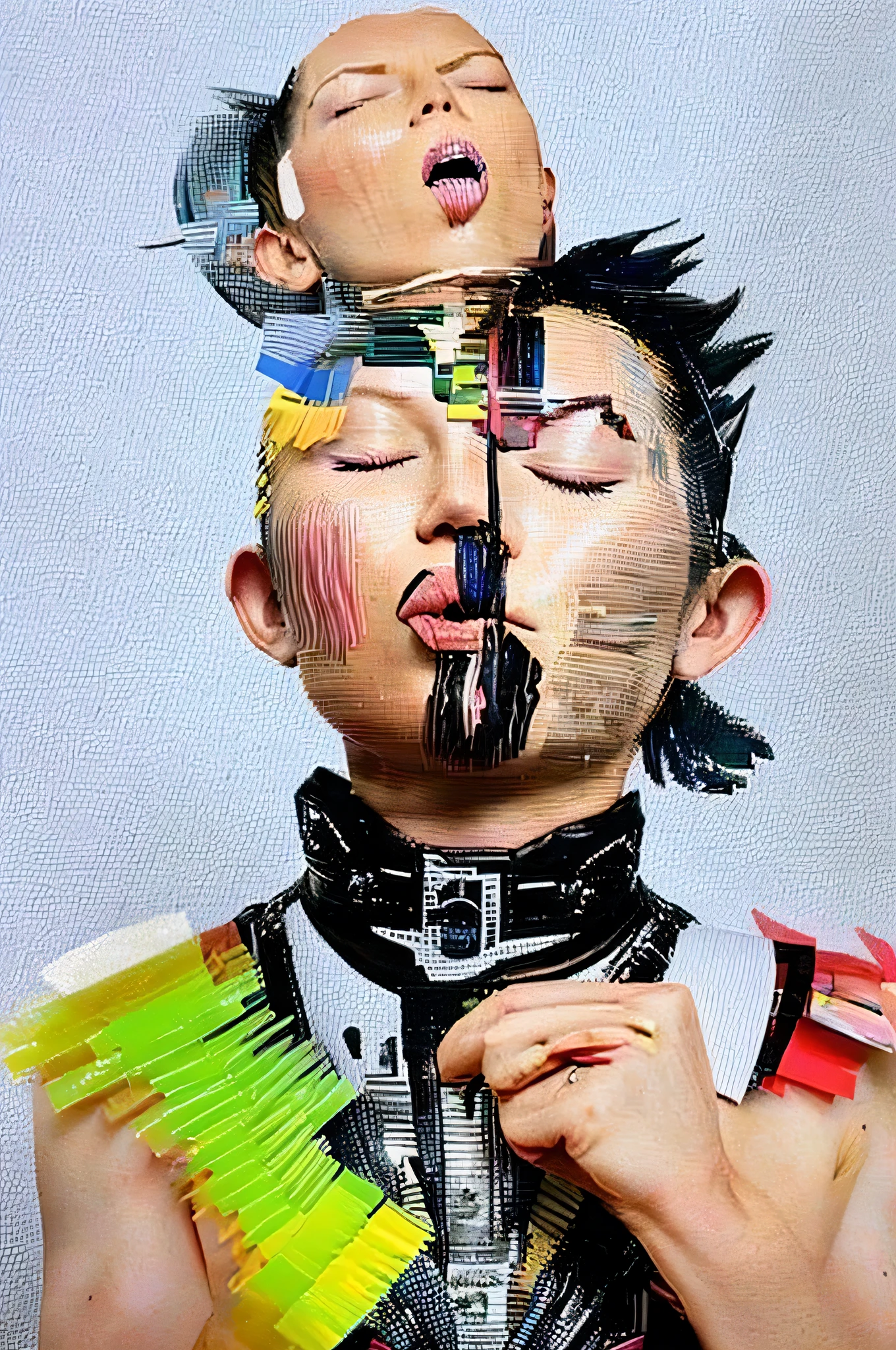 hyper-realistic people that have the mouth gummed tape and eyes closed with gummed tape