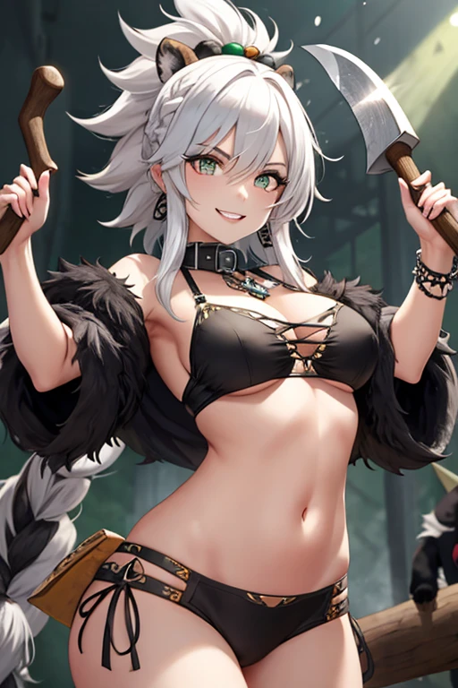 Gnoll woman, woman, green eyes, black fur, spike collar, Gnoll woman, big , big tighs, smile, 4k, hd, pretty face, messy hair, menacing, acurrate eyes, sharp pupils, wild, scary look, holding an axe, Axe, with hair with Rastafarian braid, (human head), (Mohican), (tribal clothing), exposed belly, (White hair)