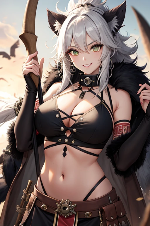 Gnoll woman, woman, green eyes, black fur, spike collar, Gnoll woman, big , big tighs, smile, 4k, hd, pretty face, messy hair, menacing, acurrate eyes, sharp pupils, wild, scary look, holding an axe, Axe,  with hair with Rastafarian braid, (human head), (Mohican), (tribal clothing), exposed belly, (White hair)