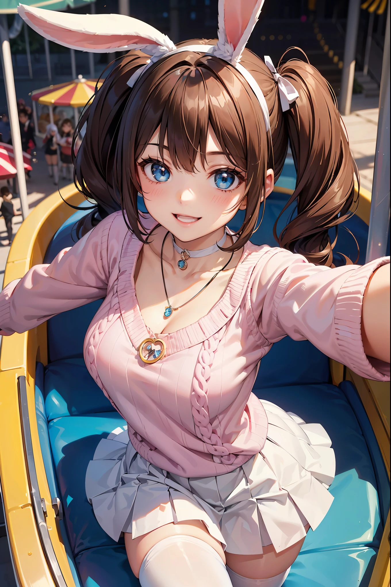 (girl): solo, (perfect face), (detailed outfit), (20 years old), lovely girl, (rabbit ears), happy, (smiling), (dancing), brown hair, medium hair, (twintails hair), blue eyes, pale skin, medium breasts, (pink sweater), (white skirt, white thighhighs), (large ribbon), (pendant), (choker)

(background): from above, outdoor, amusement park, (rides), (crowd), (ferris wheel), (afternoon), (sunny)

(effects): (masterpiece), (best quality), (sharp focus), (depth of field), (high res), more_details:-1, more_details:0, more_details:0.5, more_details:1, more_details:1.5