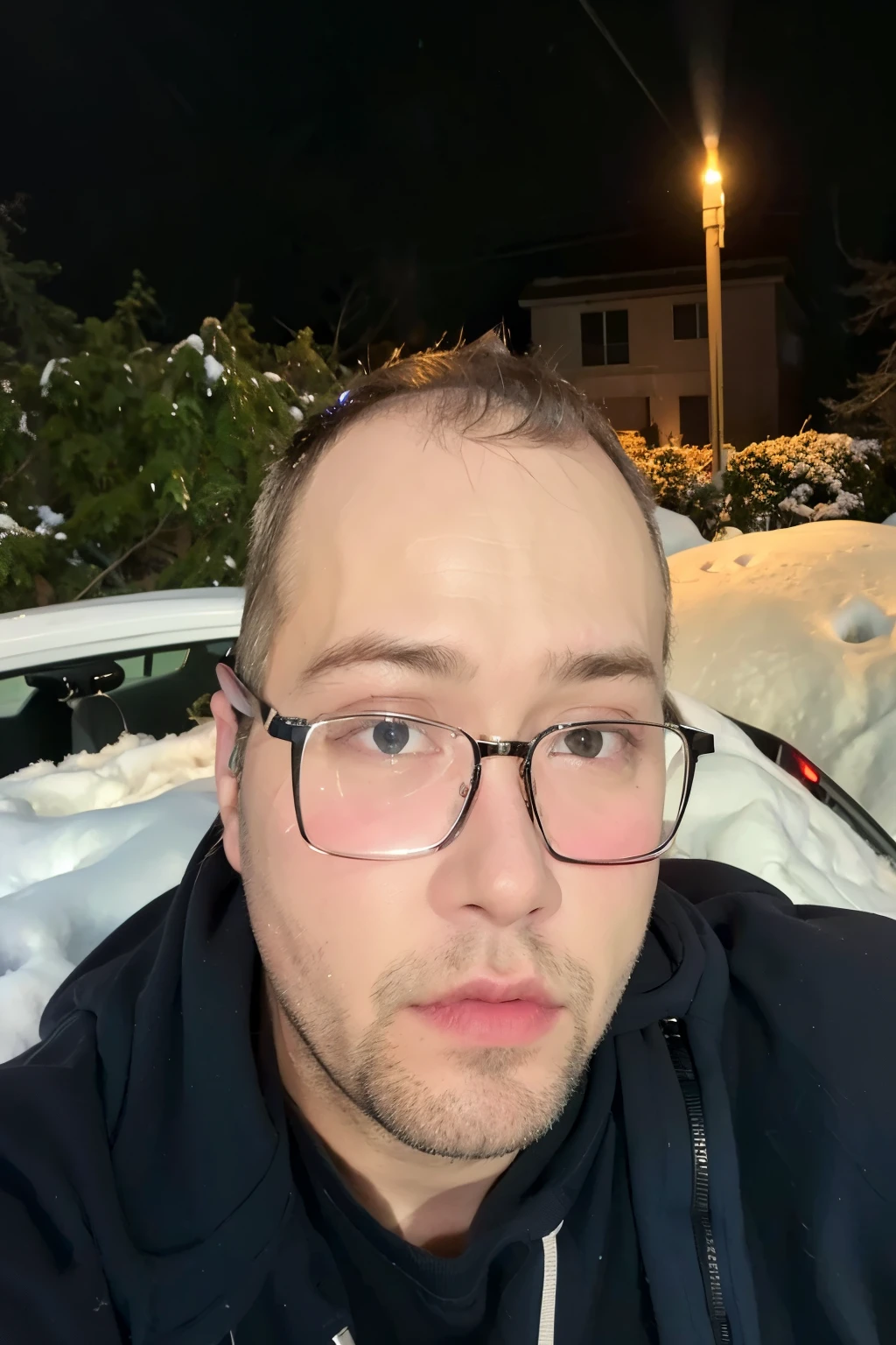there is a man with glasses sitting in a car in the snow, only snow in the background, twitch streamer / gamer ludwig, 8k selfie photograph, heavy eyes to the side, headshot profile picture, typical cryptocurrency nerd, about 3 5 years old, stocky, very very low quality picture, realisitc photo, perfectly lit face, with no beard