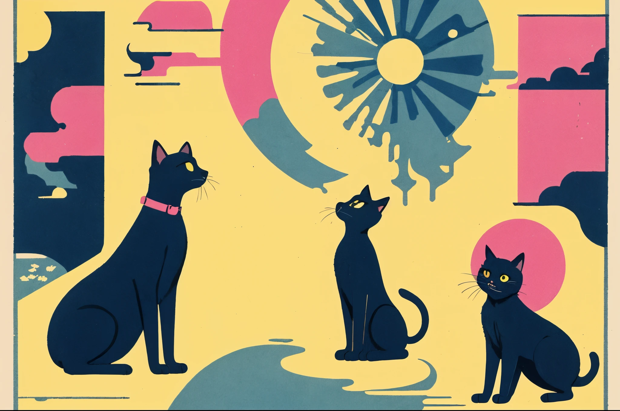 A poster illustration of a black cat on a yellow background with a pink circle of sun above, vintage Japanese styled bar/cafe ad, reminiscent of the style of Rene Gruau, masterpiece of an illustration , lovely print style, ,illustration
