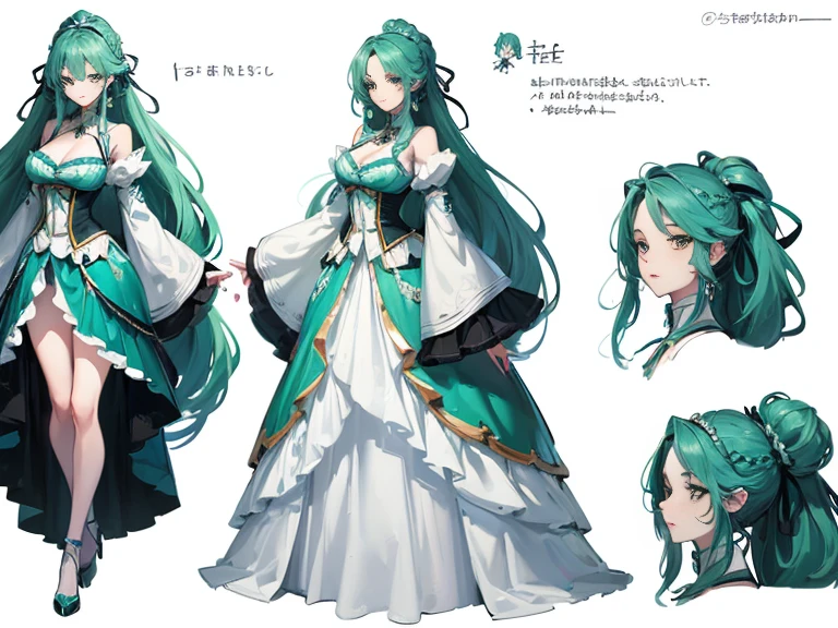 ((Masterpiece, Highest quality)), Detailed face, CharacterDesignSheet, full bodyesbian, Full of details, Multiple poses and expressions, Highly detailed, Depth, Many parts,Blue-green gradient hair color girl,Extremely long hair,french braid,Green trimmed dress dress on white background,white Heels,being thin