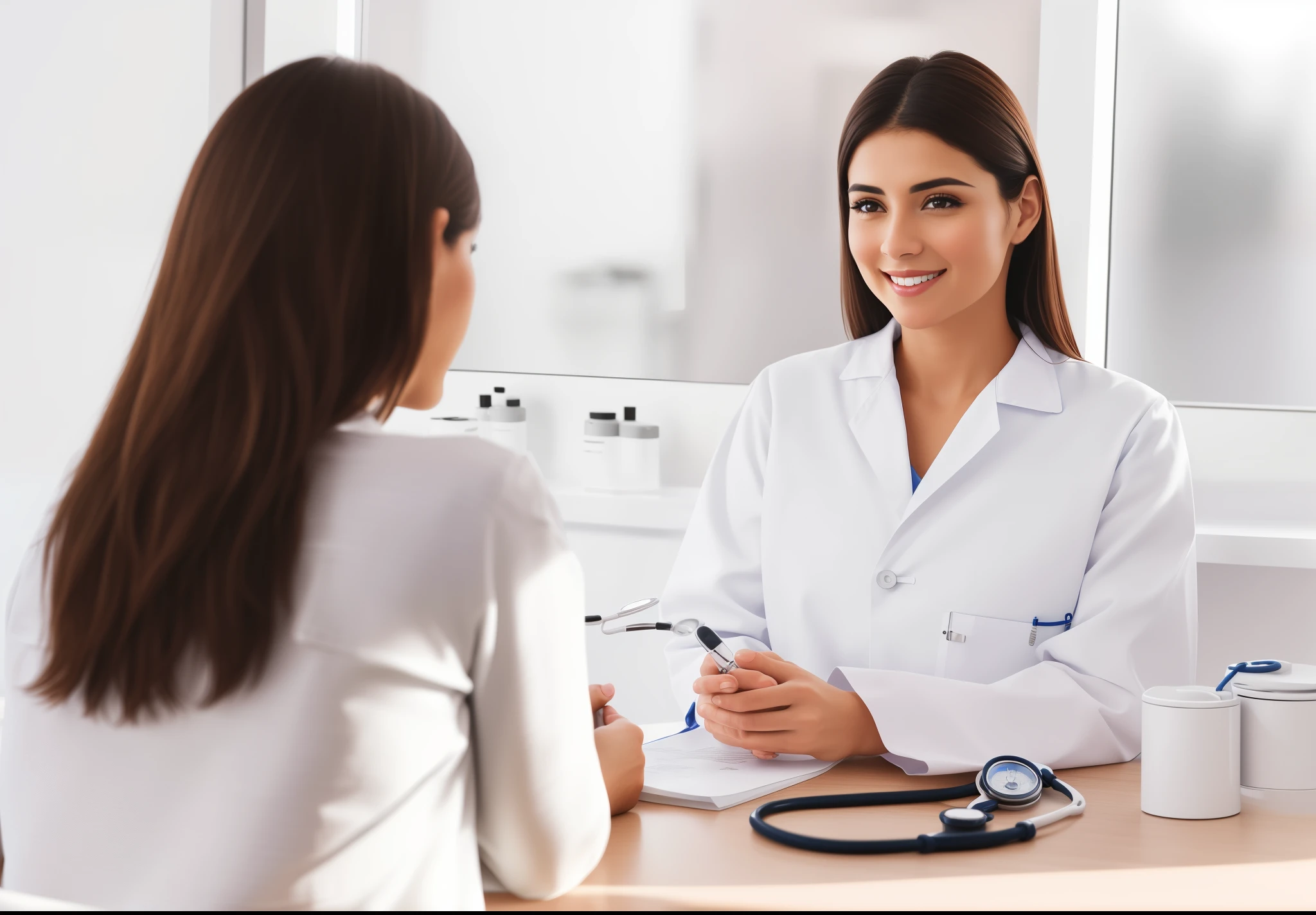 woman in a white coat sitting at the table with a stethoscope, vestindo jaleco e blusa, medical doutor, doutors office, healthcare worker, doutor, exclusivo, fundo interessante, high resolution, high resolution, olhar feminino, dando uma entrevista, meia imagem, health supporter, absolutamente, no fundo, high definiton, medical photography, medical reference