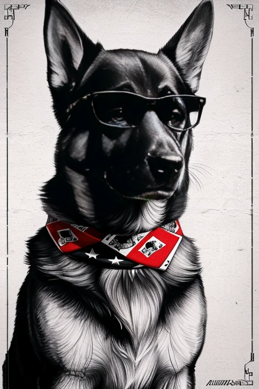 German Shepherd dog, Using Rocker Accessories, he wears a red bandana around his neck, Fashion glasses, famous brand cap, (((cartazes, planfetos, Adesivos, propaganda, revista.))) monochrome, linear, pencil sketch, sem cor, scribble made with pencil.