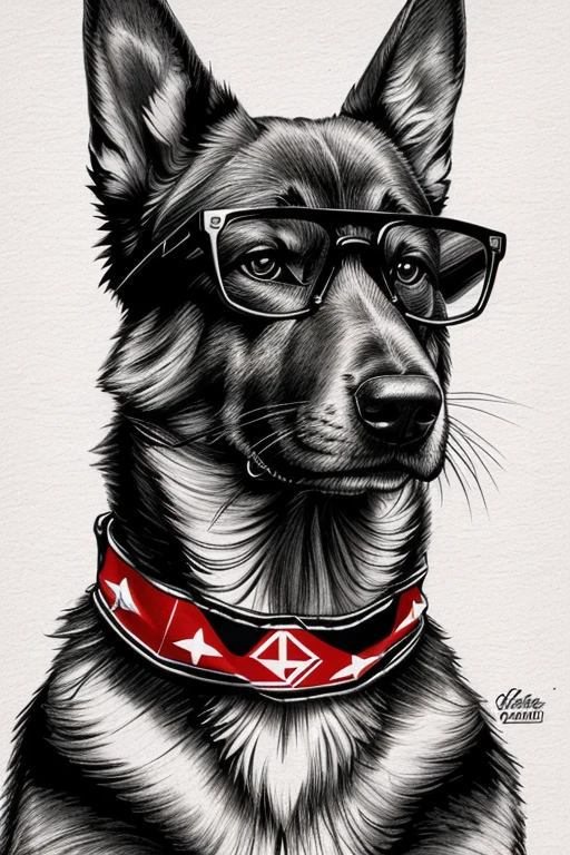 German Shepherd dog, Using Rocker Accessories, he wears a red bandana around his neck, Fashion glasses, famous brand cap, (((cartazes, planfetos, Adesivos, propaganda, revista.))) monochrome, linear, pencil sketch, sem cor, scribble made with pencil.