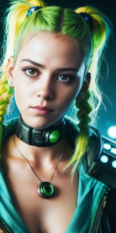 extreme closeup portrait of beautiful (80s cyberpunk:1.3) woman (ChloeNobodySD15) neon green hair pigtails lips pressed (serious:1.2) look (bright side light rim light:1.2) net runner jacket deep dark shadows dramatic camera angle high contrast color grading (masterpiece:1.2) (photorealistic:1.2) (bokeh:1.2) (best quality) (detailed skin:1.3) (intricate details) (8k) (HDR) (cinematic lighting) (sharp focus) (80sDarkFantasySD15b:1.2)