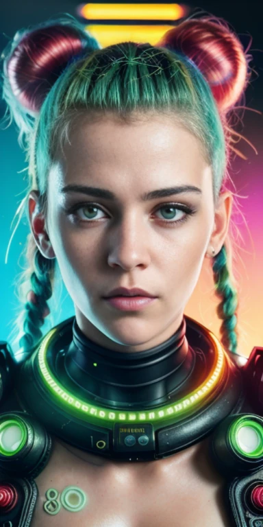 extreme closeup portrait of beautiful (80s cyberpunk:1.3) woman (ChloeNobodySD15) neon green hair pigtails lips pressed (serious:1.2) look (bright side light rim light:1.2) net runner jacket deep dark shadows dramatic camera angle high contrast color grading (masterpiece:1.2) (photorealistic:1.2) (bokeh:1.2) (best quality) (detailed skin:1.3) (intricate details) (8k) (HDR) (cinematic lighting) (sharp focus) (80sDarkFantasySD15b:1.2)