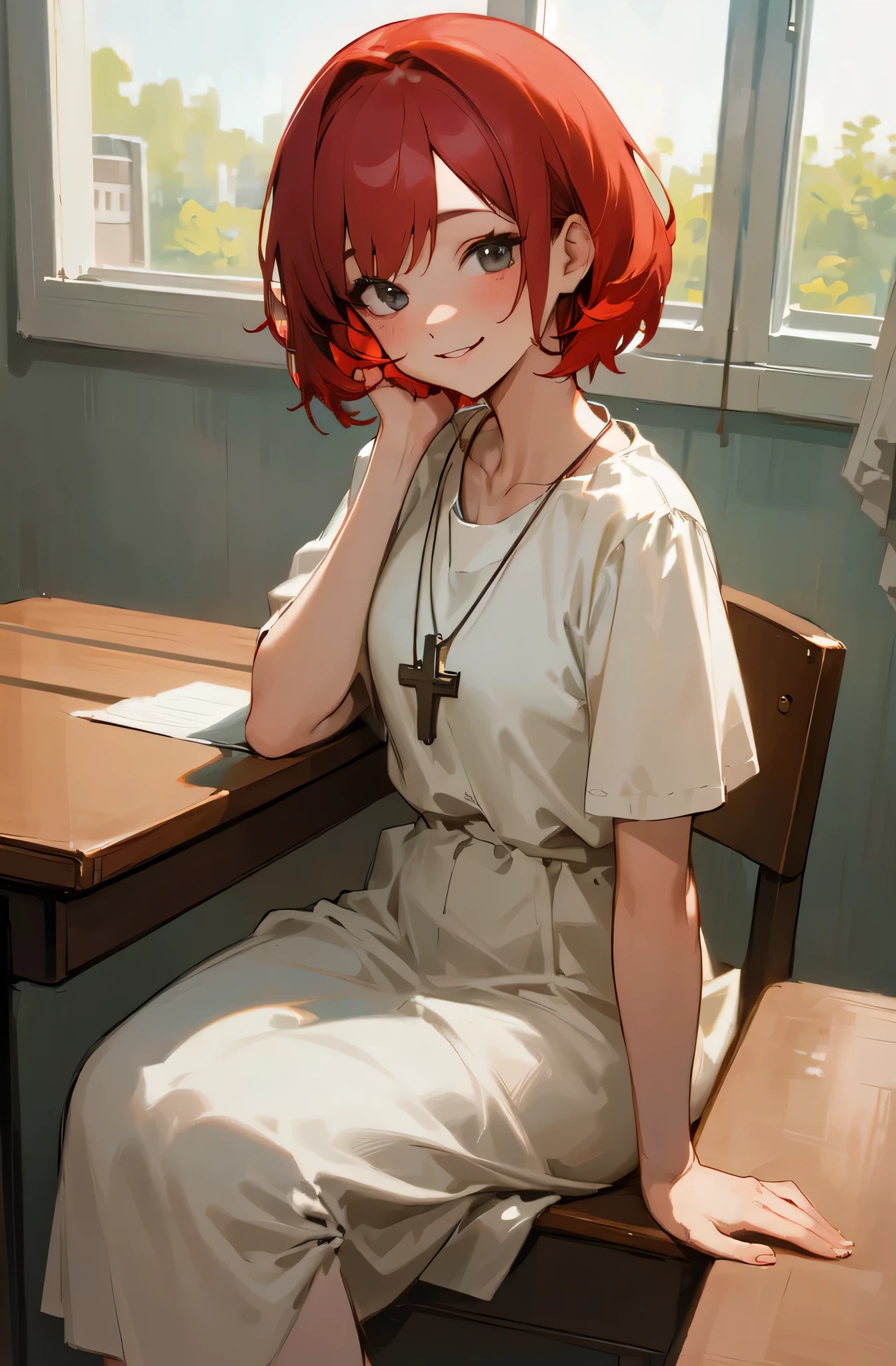 Chica pelirroja bajita con una sonrisa., vestido modestamente. She is wearing a necklace with a Catholic cross and is sitting at a desk., retratando a un maestro. high resolution, ultra-sharp, 8k, obra maestra, mirando al espectador