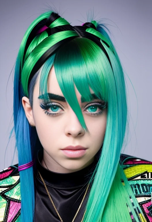 realistic image of a 22-year-old Billie Eilish with her iconic black and green hair, wearing one of her distinctive stage outfits. The image should capture the essence of Billie's unique style and personality at this age. Billie is depicted in a confident and captivating pose, exuding her signature energy and attitude. Her hair is styled in a striking combination of black and vibrant green, with the colors blending seamlessly. She is wearing one of her visually striking and edgy stage outfits, showcasing her individuality and fashion-forward style. The image should have a high level of detail, with the lighting emphasizing the textures of her hair, clothing, and facial features. It should convey the maturity and artistic growth of Billie Eilish as a 22-year-old musician, while still staying true to her distinct persona  
