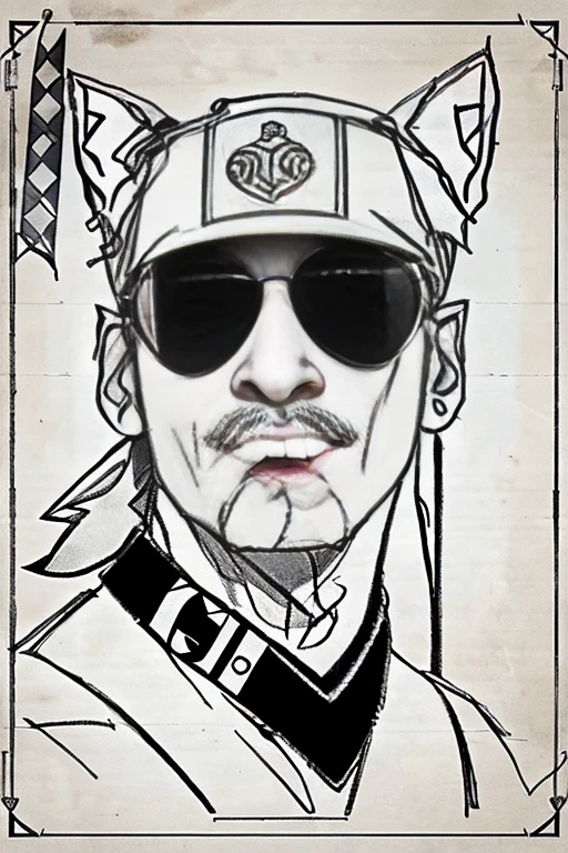 German Shepherd dog, Using Rocker Accessories, he wears a red bandana around his neck, Fashion glasses, famous brand cap, (((cartazes, planfetos, Adesivos, propaganda, revista.))) monochrome, linear, pencil sketch, sem cor, scribble made with pencil.
