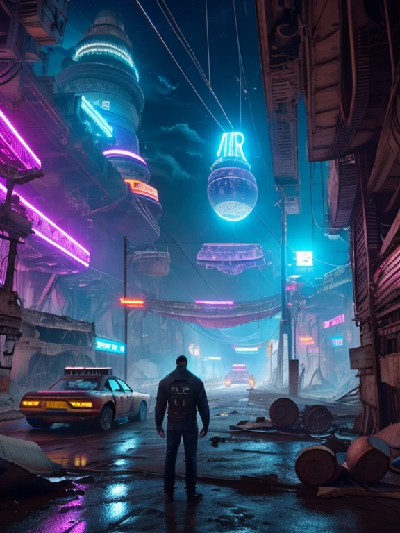 ((Vista amplia)), (((Yermo))), (Calles rotas), (((a man standing in front of huge mechanical wreckage))), (luz tenue), (Puente roto), barras de acero, (((air rail cars))), scattered power lines, chispas electricas, tattered future vehicles, Vertederos, ((Agua estancada en la playa)), rocas, ((Malezas densas)), (humo de polvo denso), ((ruined neon lights)), Nubes espesas, ((vista nocturna)), alta calidad, (super fine) , (light detallado), detallado, preciso, 16K resolution, obras maestras, (cinematic lighting), (estilo ciberpunk), dynamic perspective