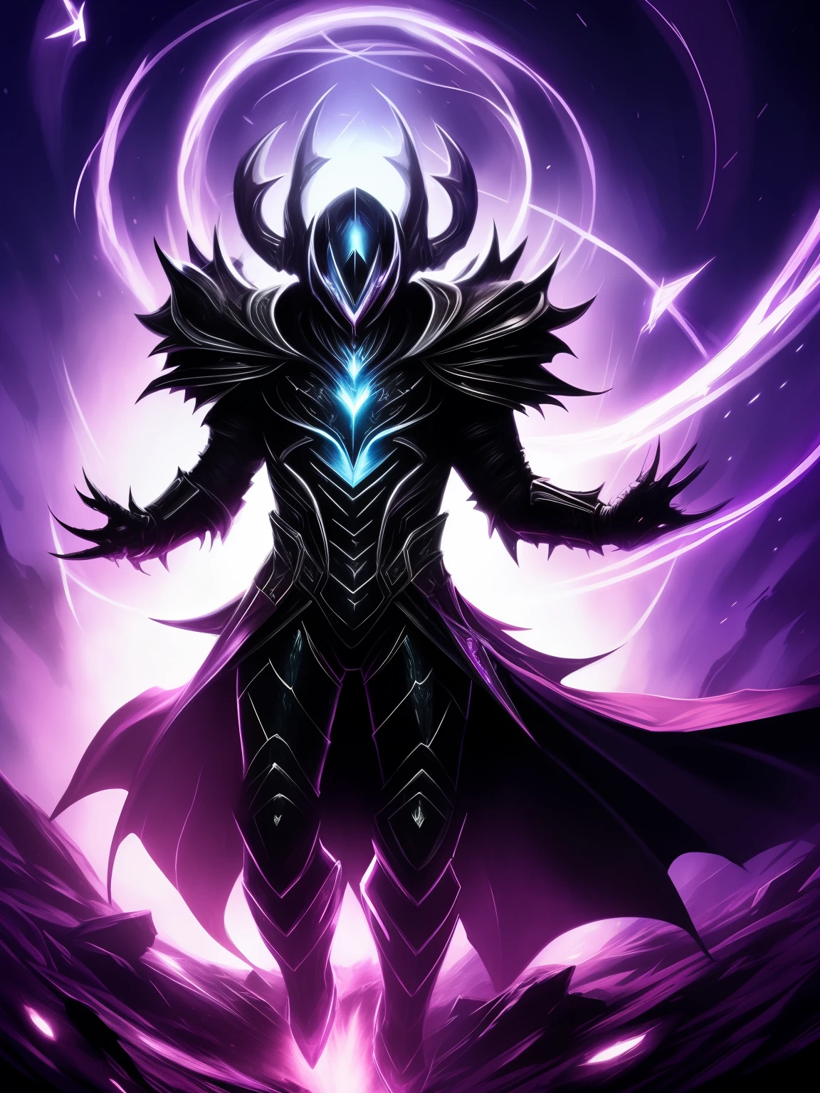 um close up de uma pessoa com uma roupa roxa e preta, epic fantasy digital art style, armadura escura, → ⃣ main darkness spectrum, Noturno de League of Legends, darkness aura, demonic armor, epic fantasy art style hd, epic fantasy art style, armadura de sombra, purple glowing core in armor, estilo de arte arcano, Paladino Grimdark, aura escura