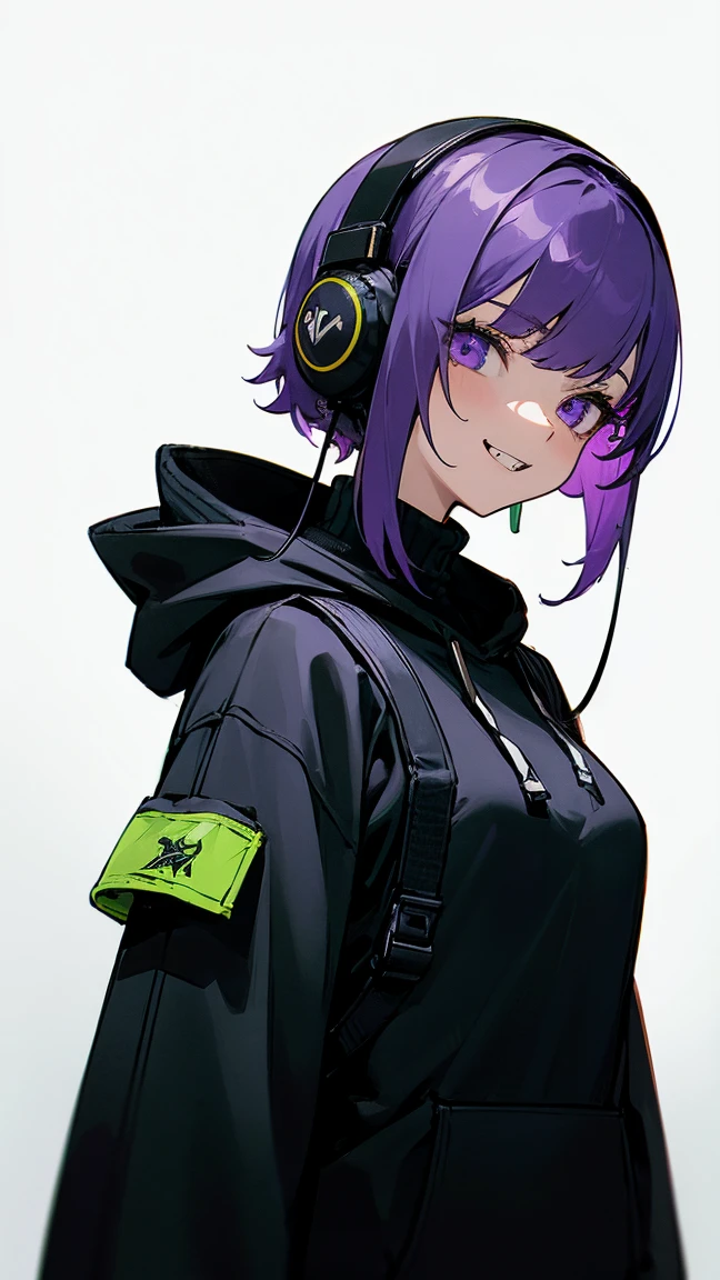 (((White background:1.3))), (((1 woman:1.3))), ((black hoodie1.2)), ((portrair:1.2)), 1 purple-haired woman, the woman's hair is purple on the outside and dark green on the inside, the woman has purple eyes, the woman is wearing a long-sleeved sweater with a turtleneck, the woman's sweater is colored black, black military sweater, black sweater with green prints, 1 woman with a defiant smile with sharp teeth, photo facing the camera, 1 woman with military headphones, colored military headphones green, green headphones, 1 woman with a military backpack, dark purple military backpack, white background, 1 woman on a white background, behind the woman on a white background, 1 woman alone on a white background, military style, anime style, gibly studio