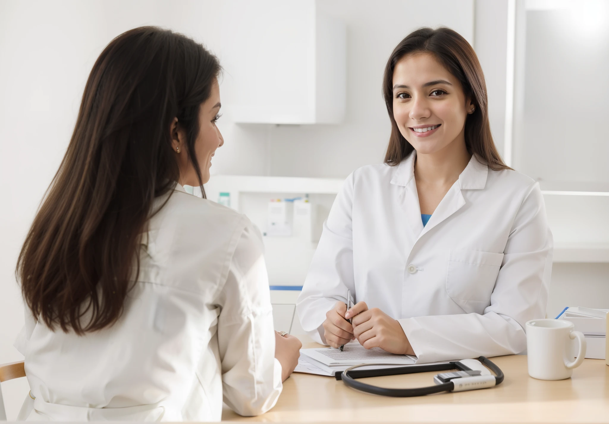 (melhor qualidade)), ((obra de arte)), (detalhado), young girl doctor, pale skin, beautiful, black hair, brunette, woman in a white coat sitting at the table with a stethoscope, vestindo jaleco e blusa, medical doutor, doutors office, healthcare worker, doutor, exclusivo, fundo interessante, sorrindo, perfect face, high resolution, high resolution, olhar feminino, dando uma entrevista, meia imagem, health supporter, absolutamente, no fundo, high definiton, medical photography, medical reference