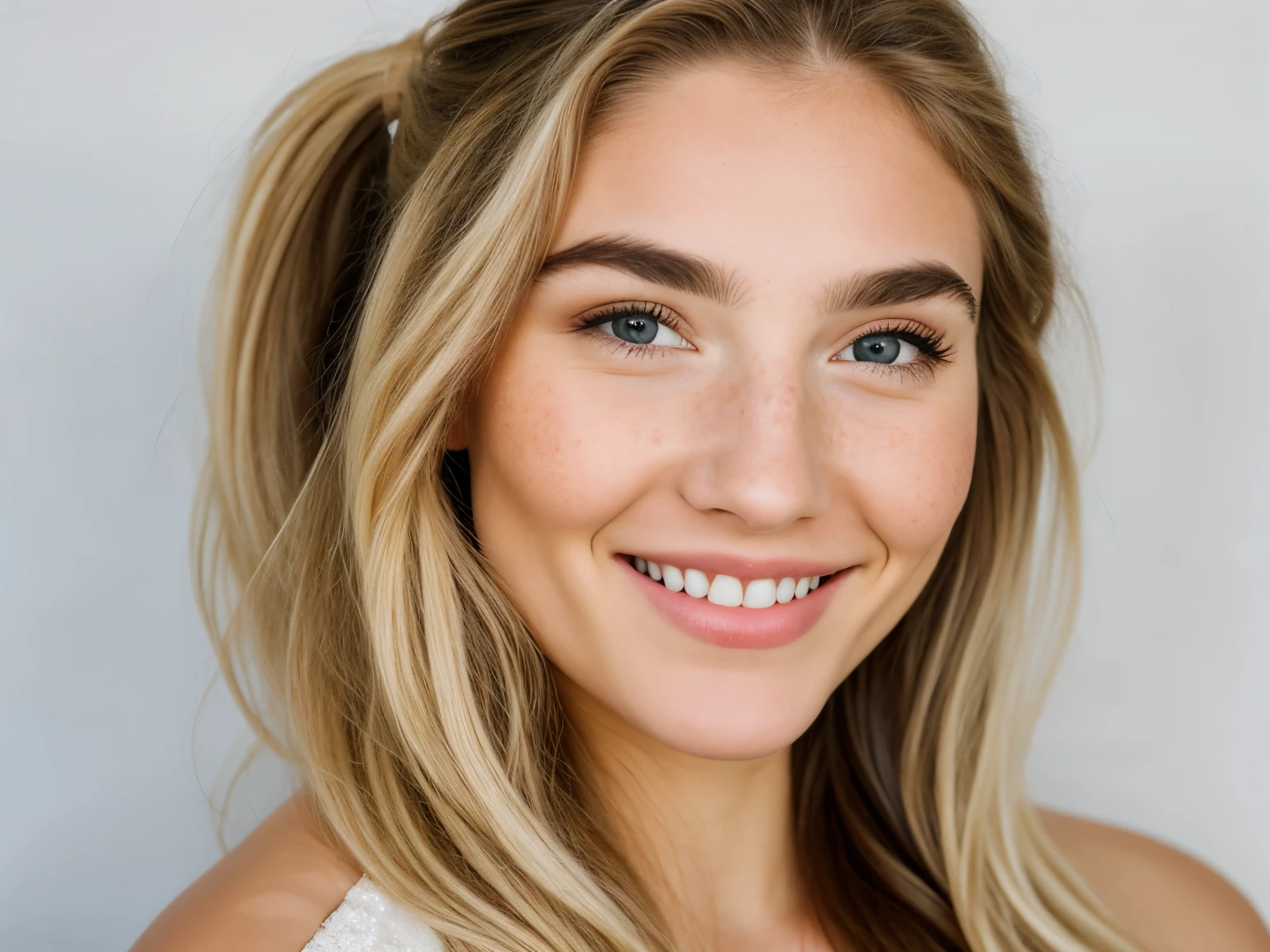 elven facial features, voluminous and messy long hair, ponytail, high and elegantly pronounced cheekbones, alabaster skin with a luminous and ethereal complexion, naturally defined jawline, small upturned nose, freckles all over face, naturally thick arched shape eyebrows, big smile with dimple, fleshy lips, dark makeup, hyperdetailed photography, soft light, head and shoulders selfie, big smile