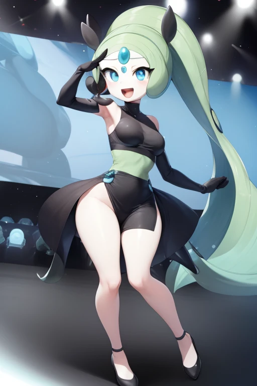 1girl, meloetta, pokemon \(creature\), mobface, blue eyes, chibi, :D, full body, black dress, green waist, concert stage, singing, dancing