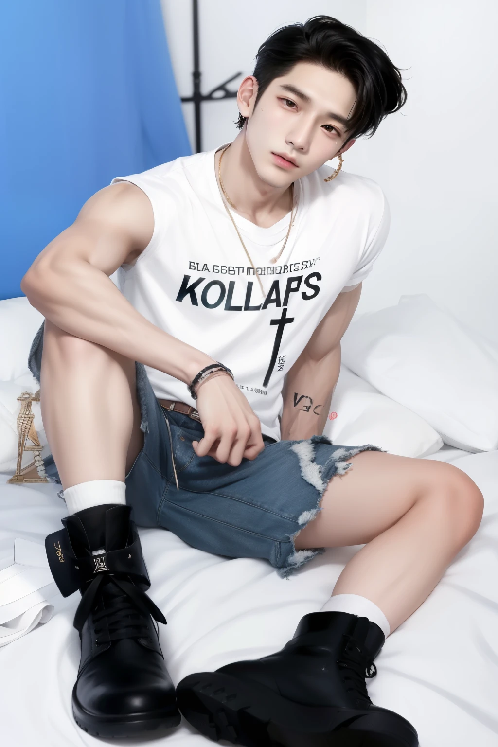 arafed male in a white shirt and black boots sitting on a bed, kim doyoung, cai xukun, jinyoung shin, hyung tae, portrait of kpop idol, jungkook, korean kpop star, park jimin, all from the group nct, official product photo, hyung tae kim, jossi of blackpink, full body picture, taejune kim